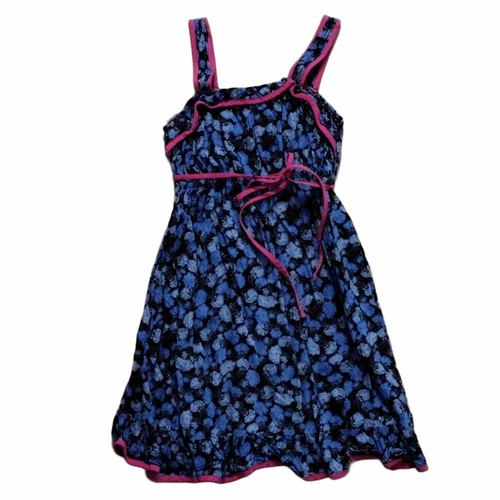 Pinky Girls Size 10 Blue Black Floral Sleeveless Tie Waist Rayon Summer Dress